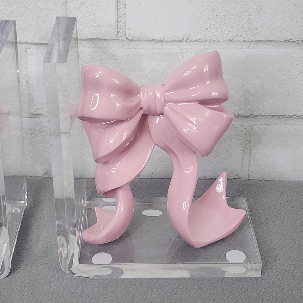 Pink Bow Bookends Coquette Bookend Acrylic Resin Girly Office Nursery 2 Pc Clear - Picture 4 of 8